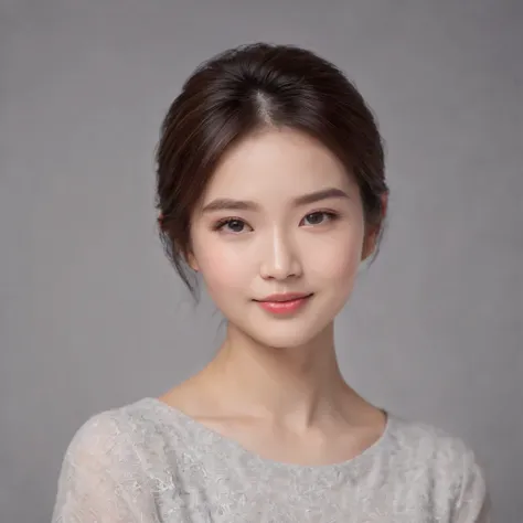 (photo: 1.3) af (realistic: 1.3), East Asian woman, soft light, clear face, happy, cheerful, warm light, ((gray-white gradient background)), (background)). ((gray wall background))) avatar, (long or short hair), handsome, young,short hair,((close-up))