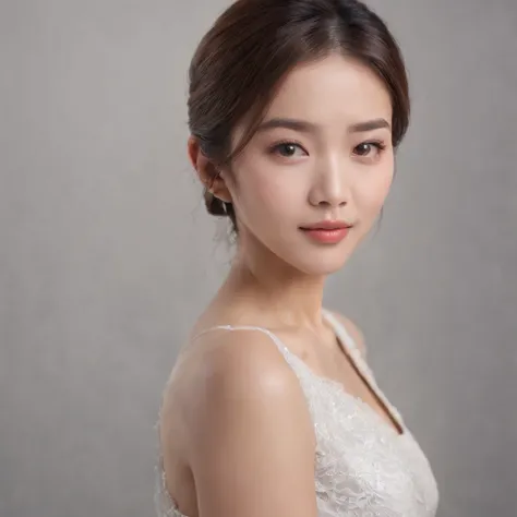 (photo: 1.3) af (realistic: 1.3), East Asian woman, soft light, clear face, happy, cheerful, warm light, ((gray-white gradient background)), (background)). ((gray wall background))) avatar, (long or short hair), handsome, young,short hair,((close-up))