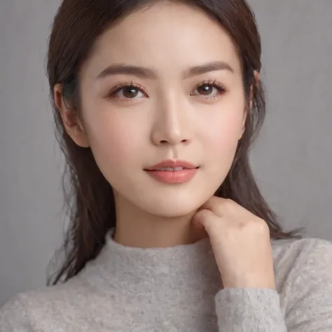 (photo: 1.3) af (realistic: 1.3), East Asian woman, soft light, clear face, happy, cheerful, warm light, ((gray-white gradient background)), (background)). ((gray wall background))) avatar, (long or short hair), handsome, young,short hair,((close-up))