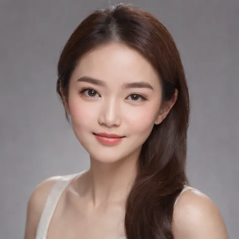 (photo: 1.3) af (realistic: 1.3), East Asian woman, soft light, clear face, happy, cheerful, warm light, ((gray-white gradient background)), (background)). ((gray wall background))) avatar, (long or short hair), handsome, young,short hair,((close-up))