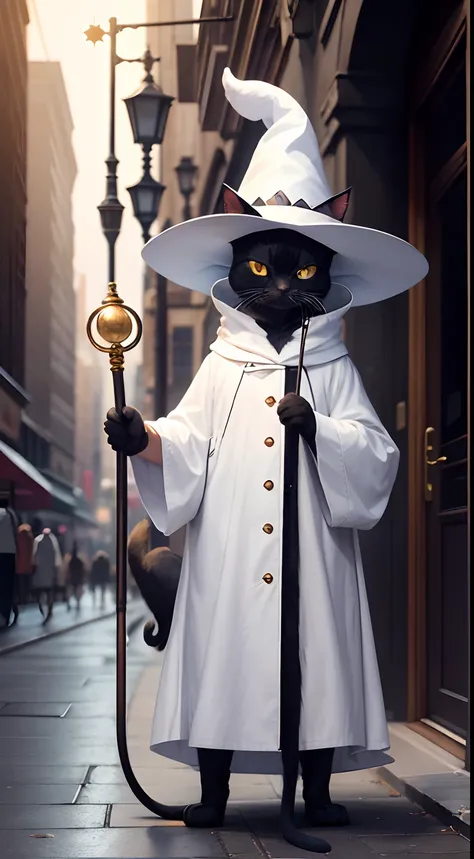 Black Mage Cat, Eyes Covered, In a white coat and a magic hat, A staff in his paw, stands on its hind legs, in the city