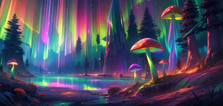 masterpiece, concept art, ultra-wide shot, (Aurora:1.4), night sky, mushroom forest, mythical, fantasy theme, vibrant color, volumetric lighting, global illumination, reflection, HD