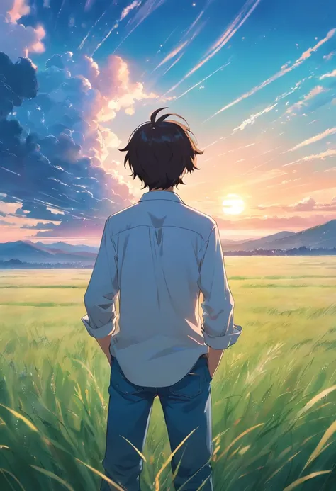 Vast sky, Beautiful skyline, large grasslands, extremely tense and dramatic pictures, moving visual effects, High Polaris, Colorful natural glare. Rear view of a man in a long-sleeved white shirt and denim