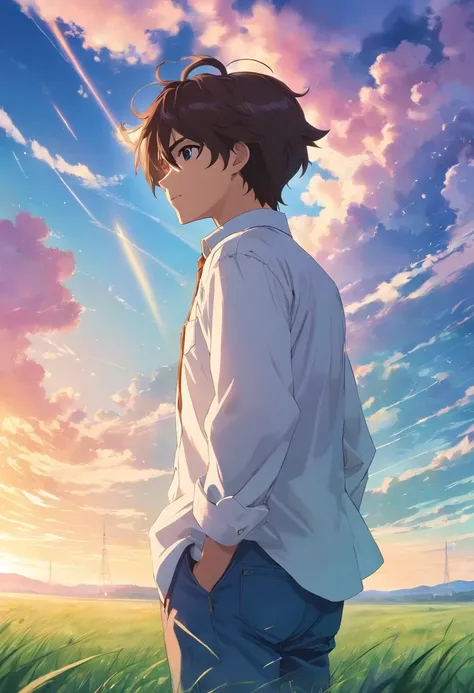 Vast sky, Beautiful skyline, large grasslands, extremely tense and dramatic pictures, moving visual effects, High Polaris, Colorful natural glare. Rear view of a man in a long-sleeved white shirt and denim