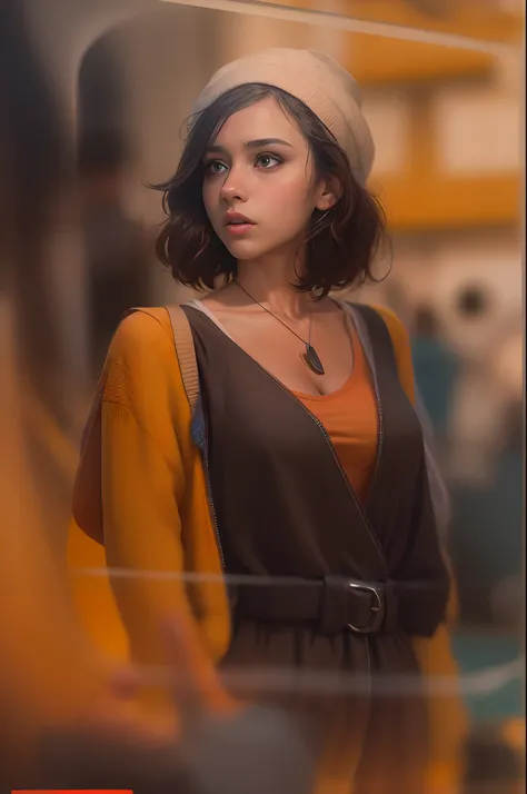 arafed image of a woman, movie art, in front of an orange background, url:https://www.instagram.com/wanda_aiart,wanda_aiart, wanda, female protagonist, perfect cute girl, (8k, RAW photo, best quality, masterpiece:1.2, masterpiec8K.HDR. highresabsurdres:1.2...