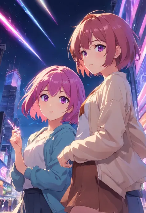 2 girls, pink hair and purple eyes, short hair, brown hair and brown eyes, long hair, idol composition, laser beam, spotlight, stage background