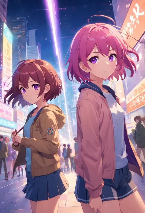 2 girls, pink hair and purple eyes, short hair, brown hair and brown eyes, long hair, idol composition, laser beam, spotlight, stage background