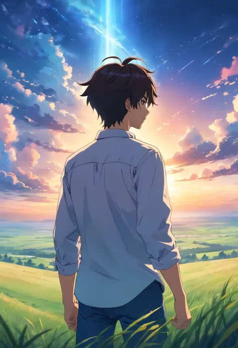 Vast sky, Beautiful skyline, large grasslands, extremely tense and dramatic pictures, moving visual effects, High Polaris, Colorful natural glare. Rear view of a man in a long-sleeved white shirt and denim