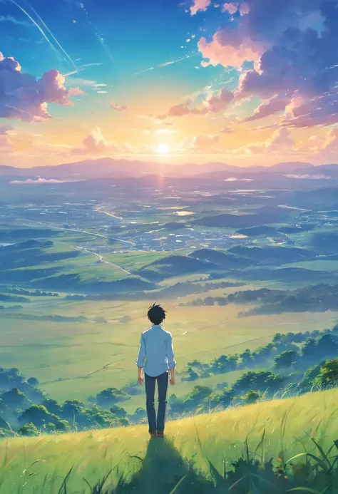 Vast sky, Beautiful skyline, large grasslands, extremely tense and dramatic pictures, moving visual effects, High Polaris, Colorful natural glare. Rear view of a man in a long-sleeved white shirt and denim