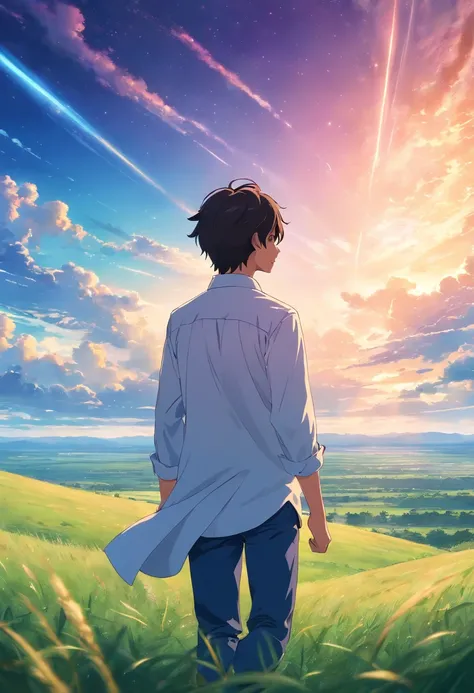 Vast sky, Beautiful skyline, large grasslands, extremely tense and dramatic pictures, moving visual effects, High Polaris, Colorful natural glare. Rear view of a man in a long-sleeved white shirt and denim