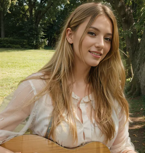 blonde woman with guitar in park setting with trees and grass, dressed beautiful woman, portrait, silk shirt, draped in transparent cloth, no bra, tyndall effect, photo realistic, rim lighting, two tone lighting, (high detailed skin:1.2), 8k uhd, dslr, sof...