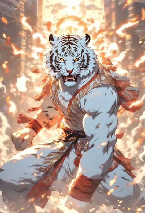 ((White kimono)),((White Tiger Beastman)), in a fighting stance, to stand, without background