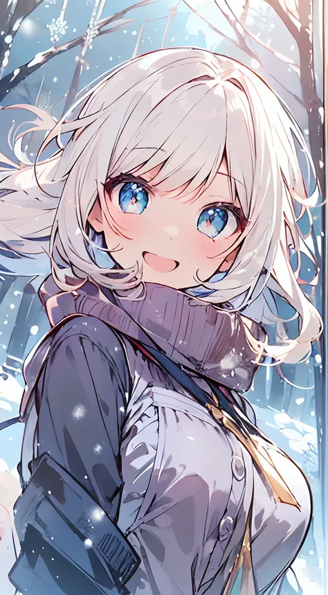 masutepiece, Best Quality,Illustration, Wallpaper, ultra -detail, Absurd beauty, 1beautiful girl、Bright hair color、Glitter and big eyes、Hair fluttering in the wind、ample breasts、♡、Smaller head、Winter scene、miscievous smile、bustup