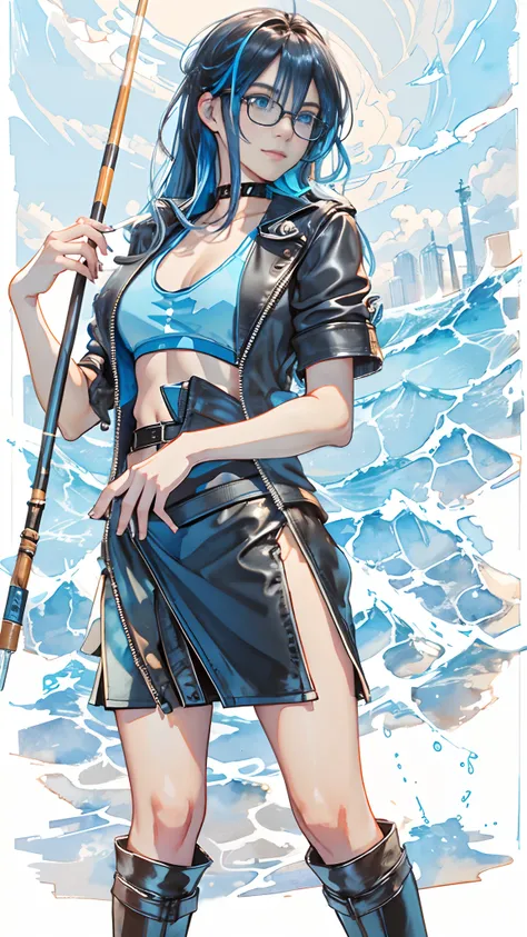 8K,​masterpiece,top-quality, 1 girl at 25 years old, Smile,Blue eyes, Long hair, long hair of black color,blue streaked hair,(Blue tank top with chest of drawers open:1.3),(Short jacket in black leather、shortsleeves:1.3),(Leather skirt with slit:1.3),Black...