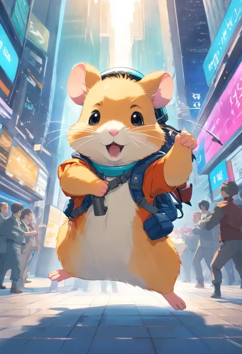 Jolly Hamster, Hung with weapons, Helmet on his head, trades on the stock exchange