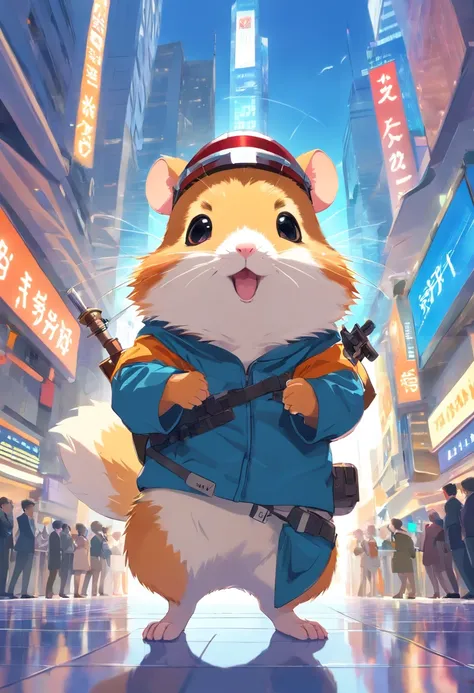 Jolly Hamster, Hung with weapons, Helmet on his head, trades on the stock exchange