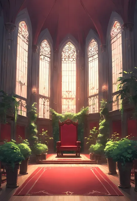 royal hall, one throne, thorn plants, dark light, empty room, gloomy composition, black and red throne.