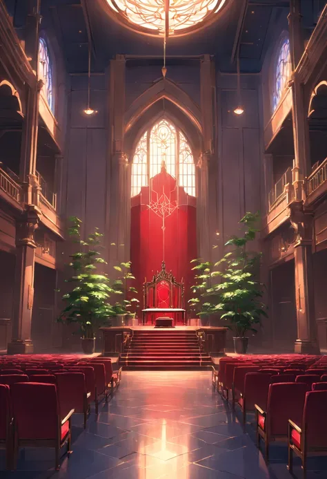 royal hall, one throne, thorn plants, dark light, empty room, gloomy composition, black and red throne.