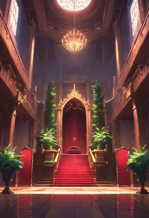 royal hall, one throne, thorn plants, dark light, empty room, gloomy composition, black and red throne.