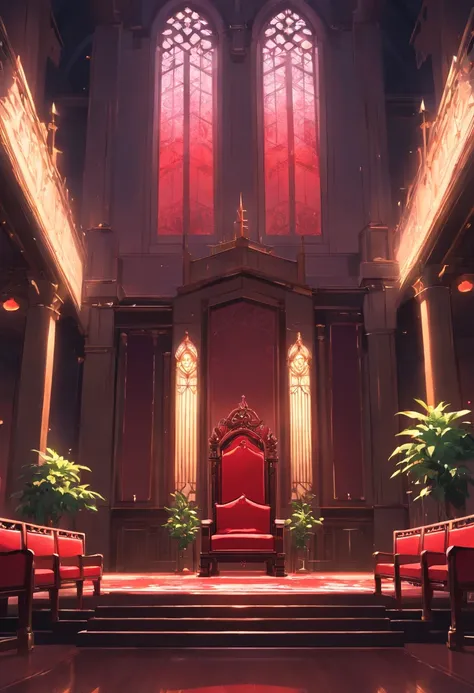 royal hall, one throne, thorn plants, dark light, empty room, gloomy composition, black and red throne.