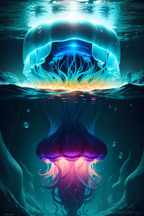 Mutated jellyfish in the ocean due to nuclear pollution, surreal mutations, photorealistic style, captured with a Canon 5D Mark IV and a macro lens, bioluminescent lighting, underwater environment, ethereal and otherworldly colors