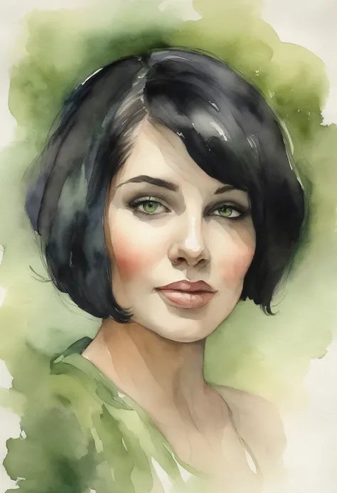 Young girl with short black hair and green iris, Stacia Burlington style, watercolor, soft color, side view, close-up, Vintage images, high resolution, realistic