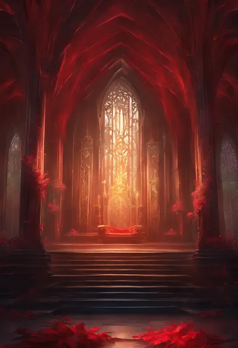 royal hall, one throne, thorn plants, dark light, empty room, gloomy composition, black and red throne, thorn plants around the throne, close up throne.