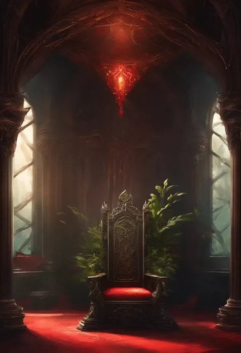 royal hall, one throne, thorn plants, dark light, empty room, gloomy composition, black and red throne, thorn plants around the throne, close up throne.