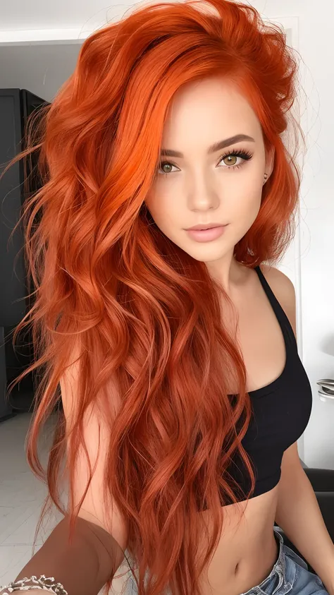 um close up de uma mulher com longos cabelos ruivos e um top preto, cabelo de gengibre, orange hair, gengibre cabelo ondulado, r...