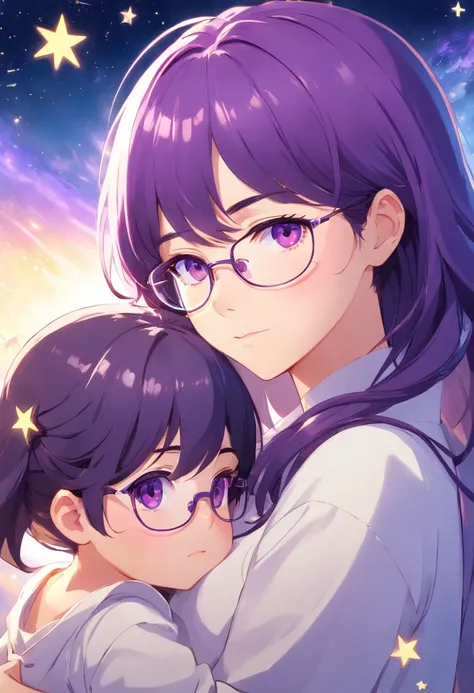 mothers, Glasses, Purple hair, Purple eyes，Star bangs in the eyes, white  clothes, Hugging baby girl,Golden head hair，Stars in the eyes Long Black Hair, Bangs, Newborn clothing, childs room