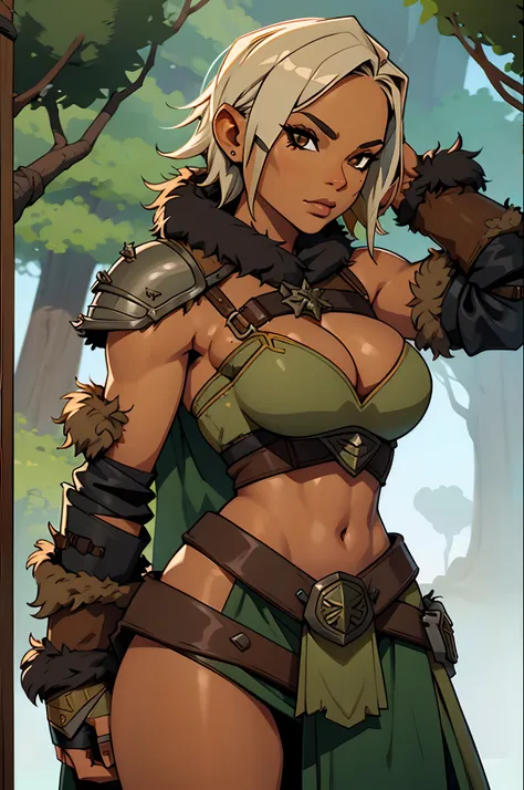 Solo, female, (((bandit))), forest, fur armor, leather straps, leather armor, fantasy setting, fantasy outfit, ((tan skin))