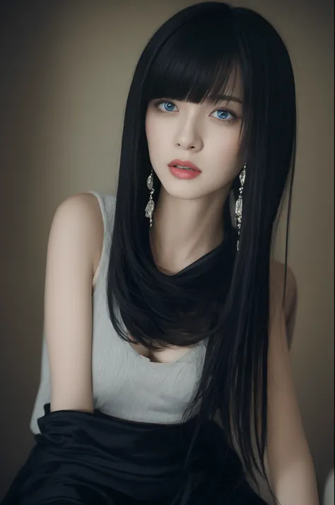 One lady (Black shorthair with fringe) (Blue eyes) , (Amy Sol:0.248), (Stanley Artgerm Lau:0.106), (detailed paintings:0.353), (Gothic art:0.106)、livingroom