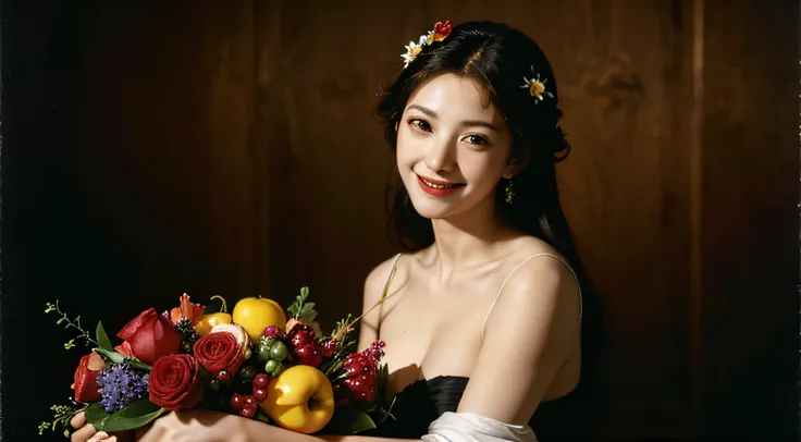 femele,Pure smile, Caravaggio paintings,flower bouquet,fruits,Big breasts