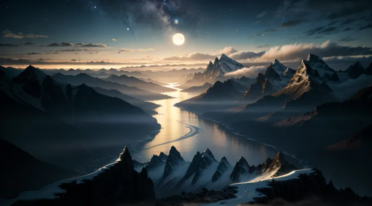 Good quality, High-definition images, The image is not blurry., river, mountain, mountain range, moon, nighttime, star,