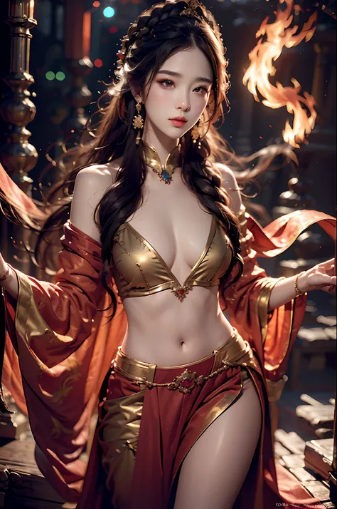 Best quality,masterpiece,ultra high res,(photorealistic:1.4)1girl,beautiful_face,detailed skin,full body,yuhuoshu,jewelry,solo,earrings,(fire:1.3),blurry,realistic,lips,