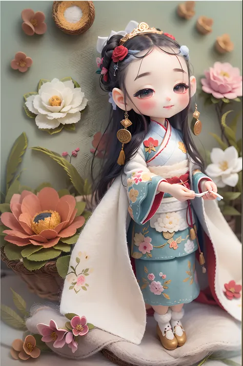 （Cute felt doll，anatomy correct，full bodyesbian，Masterpiece camellia，Masterpiece Hanfu，ssmile），（cute world of wool felt，Brush rendering），（plethora of colors，Best quality，high detal，tmasterpiece，8K）