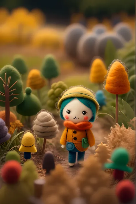 Felt dolls，A kind grandfather，Wearing blue、Beige and orange clothes，In the autumn fields there are green and yellow crops，Tilt tilt shift、largeaperture、The cute world of felt dolls、masterful lighting、Volume effect、scenecy、Brush rendering，Produced by Jon Kl...