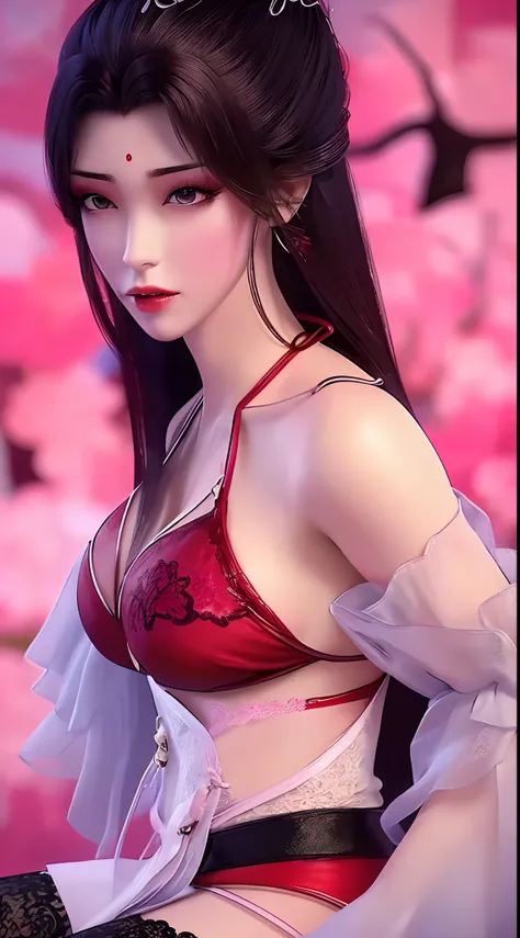 1 sexy beautiful girl, ((wearing a super sexy red bikini with black lace trim:1.6)), ((wearing tight black lace stockings with super sexy straps:1.5)), golden iridescent aura, bust out, show off her round bust, deep slit shirt, long black purple hair, the ...