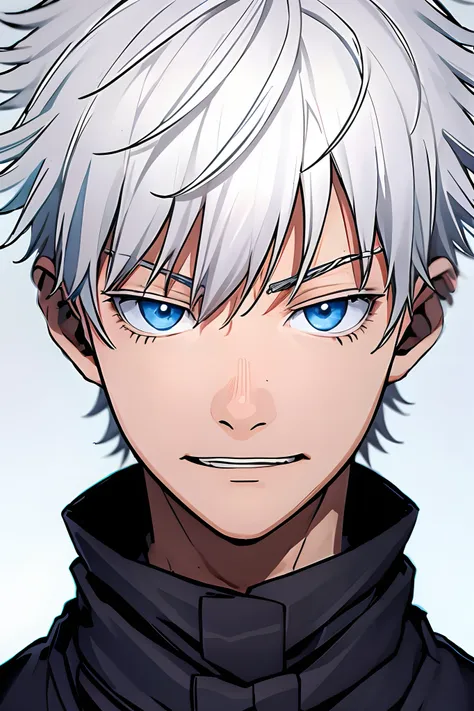 (best quality) 1 boy , anime boy, full hd, highress, gojo Satoru, jujutsu Kaisen, white hair,villain pose,angry, face to face