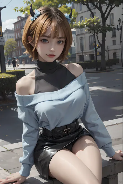 memcho, memcho, (big boobs:1.3), blonde hair, blue eyes, blunt bangs, devil horns, fake horns, horns, short hair, BREAK bare shoulders, black skirt, (blue sweater: 1.5), long sleeves, off-shoulder, off-shoulder sweater, puffy sleeves, skirt, sweater, white...