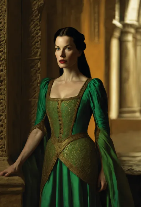 ((Liv Tyler), (Arwen)),  estilo modelshoot, Parece Keira Knightley, (extremamente detalhado CG unidade 8k papel de parede), foto corporal completa da obra de arte mais bonita do mundo, Bruxa medieval inglesa, Vale Verde, pearl skin,coroa de ouro, ouros, Pl...