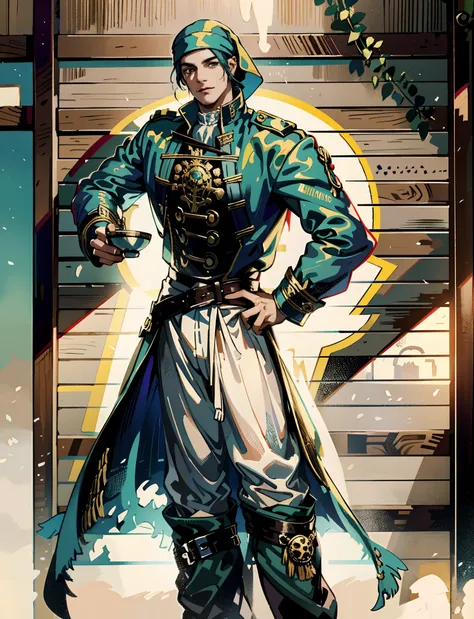 A man with short aqua-blue hair, wearing a headscarf, a fearless gaze, a playful smile, a confident demeanor, he has distinct facial features, he wears a two-piece fantasy pirate outfit, wears a black tight-fitting shirt underneath, a loose sky-blue coat o...