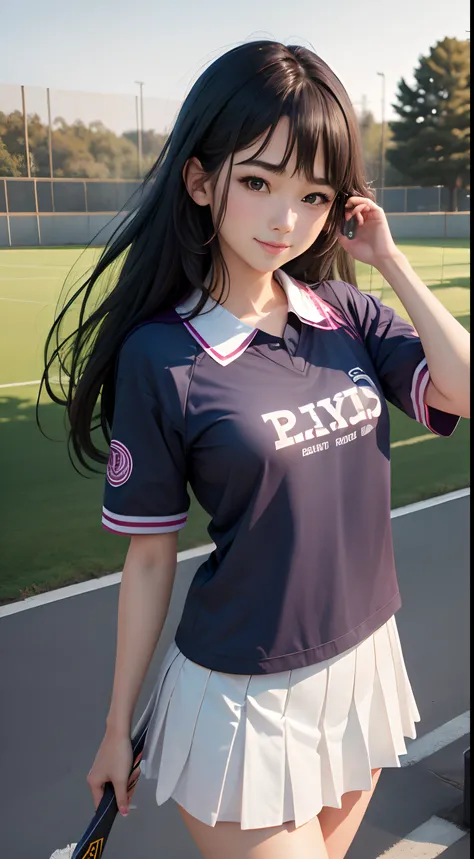 1girl in、Top image quality、Young adult women、hposing Gravure Idol、A dark-haired、Lacrosse court on background、Lacrosse Uniforms、Buruma、A slender、realisticlying、ren、A slight smil、Be sure to draw your face、Correctly depict the structure of the human body、