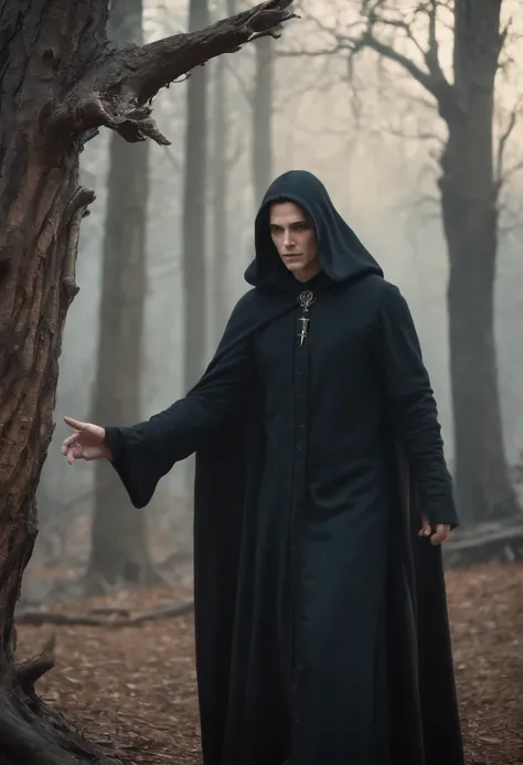 a majestic digital art, an evil mage in black cloak, medium dark hair, dead trees as background, fantasy art, high quality