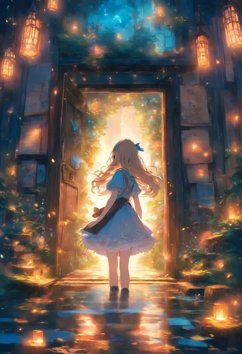 masterpiece, top quality, best quality, official art, beautiful and aesthetic, book door, book page is entrance, revealing a magical world within. An Alice-like girl, curious and adventurous, stands at the threshold, about to step into the narrative.