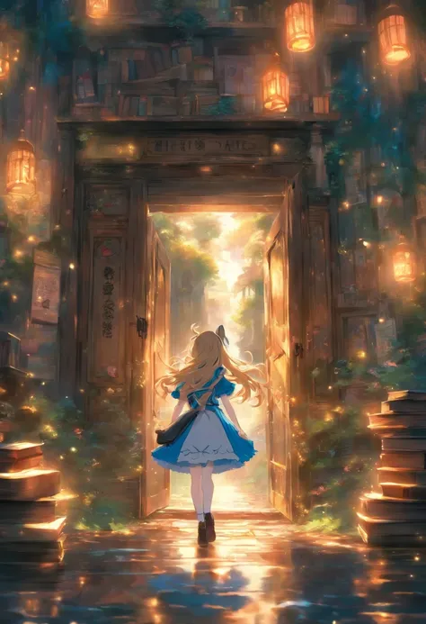 masterpiece, top quality, best quality, official art, beautiful and aesthetic, book door, book page is entrance, revealing a magical world within. An Alice-like girl, curious and adventurous, stands at the threshold, about to step into the narrative.