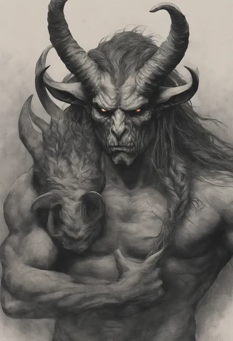 Close-up of a man with a goats head and long hair, Frank Dillane as a satyr, satyr, a minotaur wolf, The concept of the beastman, Portrait of the Minotaur, hyper realistic fantasy monster, with horns, realistic creature concept, Portrait of a werewolf, hyp...