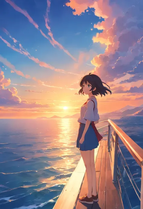 anime style, in the sky, over the sea, two eyes open, eyes detailed, in a sunset, smiling, masterpiece, 4k, detailed face, good anathomy, highlights,