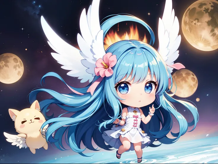 Two cute chibi characters　With the Wings of an Angel、Visible flying in the sky。long hair with blue hair((Chibi Chara))、Fluffy、girl with、Chibi Chara、full body Esbian、Pastel colors hair、masutepiece、top-quality、Large in the center