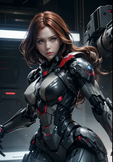 Textured skin, Super Detail, high details, High quality, Best Quality, hight resolution, 1080p, hard disk, Beautiful,(War Machine),(Black widow),beautiful cyborg woman,Mecha Cyborg Girl,Battle Mode,Girl with a Mecha Body,She wears a futuristic war machine ...